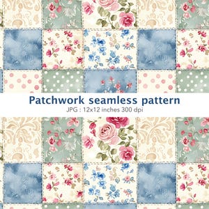 Op de afbeelding: Een patchwork naadloos patroonontwerp met vierkanten met bloemen- en stippatronen in tinten roze, blauw en groen. De tekst "Patchwork seamless pattern" wordt weergegeven. De afbeelding is 30,48 x 30,48 cm groot.