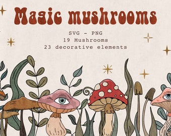 Boho Mushroom SVG Clipart: Retro 70s Magic Design (PNG, SVG)