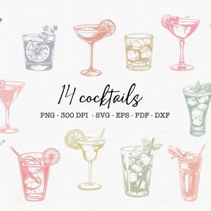 Pacchetto di svg di cocktail boho Apero Cocktail silhouette clipart Espresso Cocktail png Bicchiere di bourbon Uso commerciale Bevanda esclusiva Colori pastello