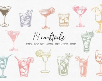 Könnte beinhalten: Ein Set mit 14 handgezeichneten Illustrationen von Cocktails in verschiedenen Stilen. Die Illustrationen sind im Vintage-Stil mit einem hellbraunen Hintergrund gehalten. Der Text "14 Cocktails" ist in einer kursivschriftlichen Schriftart am unteren Rand des Bildes geschrieben.
