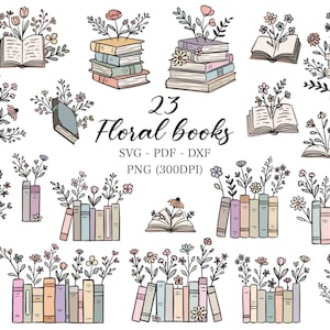 Boho Blumen Buch svg Wildblumen Buchliebhaber Clipart gestapelt offenes Buch png literarisch Linie Kunst für Shirt lesen Vektor Pastell Bücherwurm Kunsthandwerk