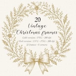 Op de afbeelding: Een vintage illustratie met een gouden krans met bloemen en bladeren, en een strik aan de onderkant. De tekst luidt "20 Vintage Christmas frames". De afbeelding heeft een crèmekleurige achtergrond.