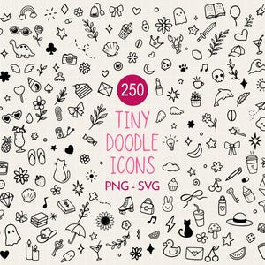 May include: A collection of 250 black and white line art doodle icons featuring various shapes like animals, plants, food, and symbols. The central text reads 250 TINY DOODLE ICONS PNG - SVG. The design is arranged on a light, grid-patterned background.
