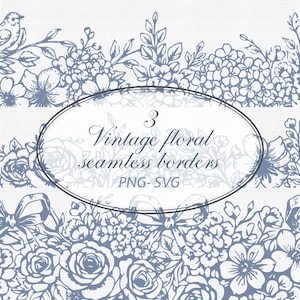 May include: Digital illustration of three vintage floral seamless borders in blue and white. The borders feature various flowers, leaves, and a bird. Text in the center reads "3 Vintage floral seamless borders PNG-SVG".