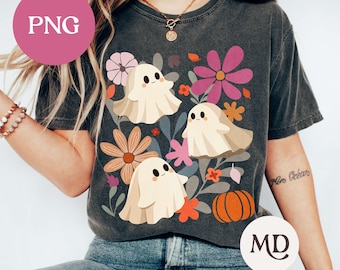 Floral Halloween Ghost PNG, Retro Autumn Design (Digital Download)