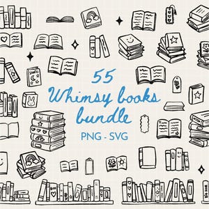 May include: A collection of 55 black and white hand-drawn book illustrations, including stacks of books, open books, and bookshelves, with the text 55 Whimsy books bundle PNG - SVG centred in the middle and an MD logo in the bottom right corner.
