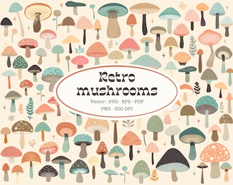 Retro mushroom svg magic mushrooms png boho mushroom clipart mid century clip arts trendy mushrooms vector mushrooms pastel color minimalist