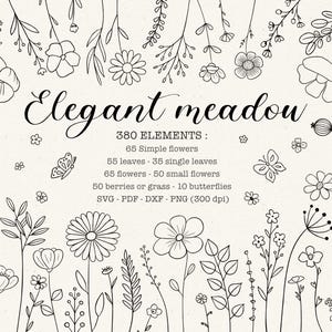 Puede incluir: Un diseño de pradera elegante con 380 elementos, incluyendo 65 flores simples, 55 hojas, 65 flores, 50 bayas o hierba y 10 mariposas. Disponible en formatos SVG, PDF, DXF y PNG.