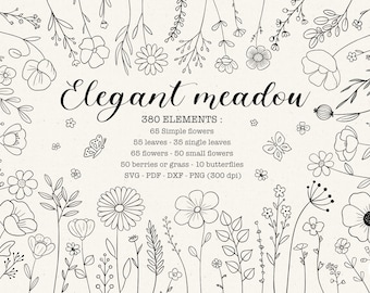 May include: A black and white illustration featuring floral line art elements, such as flowers, leaves, and butterflies, arranged in a meadow design. The text "Elegant meadow" is displayed above the elements, with a list of 380 elements.