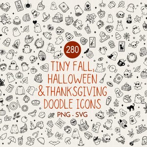 Può includere: Una collezione di 280 icone scarabocchiate in bianco e nero a tema Halloween, autunno e Ringraziamento, tra cui fantasmi, zucche, teschi e cibi. Il testo centrale recita 280 TINY FALL, HALLOWEEN & THANKSGIVING DOODLE ICONS PNG - SVG.