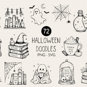 Peut inclure: Une collection de 72 gribouillages au trait noir et blanc sur le thème d'Halloween, incluant des fantômes, des livres, des potions, une machine à écrire avec le texte Once upon a nightmare, un latte à la citrouille, une toile d'araignée et une pierre tombale.