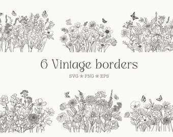 Wildflower svg bundle daisy svg wild flowers png Floral border clipart Daisy line art Butterfly clip arts Botanical aesthetic meadow flowers