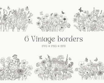 Könnte beinhalten: Sechs Schwarzweißillustrationen von Vintage-Blumenbordüren mit Schmetterlingen. Jede Bordüre zeigt eine Vielzahl von Blumen und Blättern und schafft ein zartes und romantisches Design.
