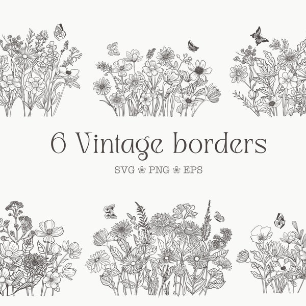 Wildflower svg bundle daisy svg wild flowers png Floral border clipart Daisy line art Butterfly clip arts Botanical aesthetic meadow flowers