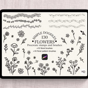 May include: A black tablet shows floral Procreate stamps and brushes. The text "SIMPLE DOODLES 130 FLOWERS" is displayed. The image features various floral designs, including flowers, leaves, and decorative borders. A white stylus is on the right.
