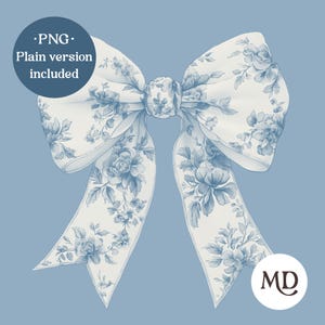 Laço azul Coquette png Tendência retrô Clip art de fita romântica floral Chinoiserie Toile de Jouy design sublimação Estética Grand Millennial