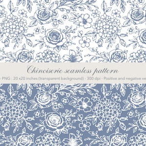 May include: A seamless Chinoiserie pattern featuring a floral design with roses and other flowers in white on a blue background. The image includes the text "Chinoiserie seamless pattern" and specifies the dimensions as 20x20 inches.