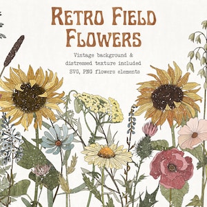 Tournesol rétro Clipart vintage fleur sauvage svg Marguerite bleue svg en détresse texture svg fougère png botanique svg Cottagecore Marguerites esthétiques