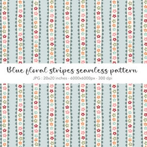 Blue Small Floral Stripe Seamless Pattern, Vintage Pastel Cottage Digital Paper JPG