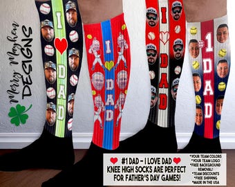 Personalized Knee Socks with Face Photo - Custom Baseball Team Gift - I LOVE Dad. #1 Dad Picture Knee High Sock, Father's Day Tournaments