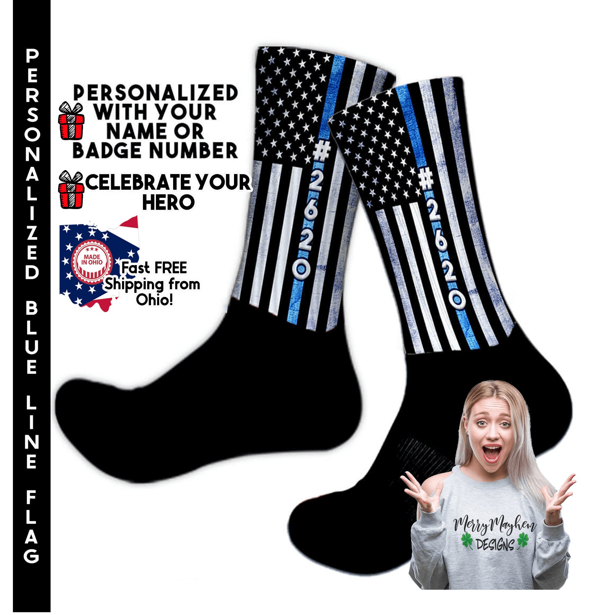 Customized for Police Officer's with Name and Badge Number or Department Thin Blue Line Flag Athletic Socks, Law Enforcement Support, Deputy