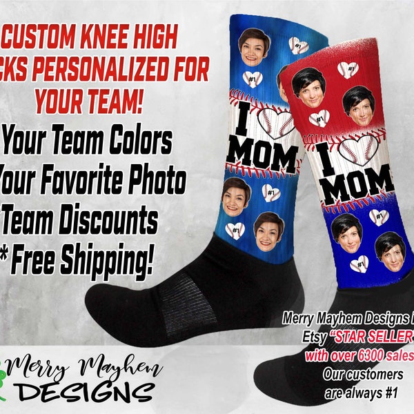 Custom Knee High Socks for Baseball and Softball Teams - I Love Dad, I Love Mom, Little League,  Personalized School Name and Logo, Youth