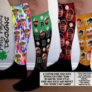 May include: A pair of knee-high socks with a custom design featuring baseballs, a team logo, and a person's face. The socks are black, green, red, and gold. The text on the socks reads "R" and "ROB". The text below the socks reads "A custom knee high sock design for every team - no matter your style! Knee high socks are perfect for Father's Day games!" and "*YOUR TEAM COLORS *YOUR TEAM LOGO *FREE BACKGROUND REMOVAL! *TEAM DISCOUNTS *FREE SHIPPING *MADE IN THE USA"