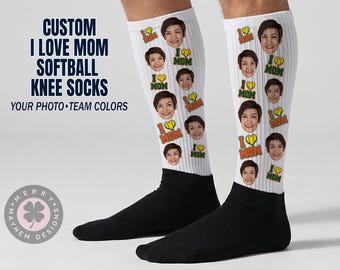 Custom I Love Mom Softball Knee High Socks – Personalized Photo Team Colors Mother's Day Tournament