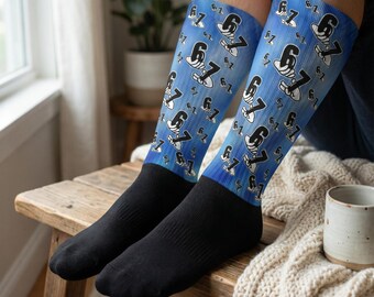 Six Seven Meme Socks – Funny Viral Trend, Handmade Crew or Knee High