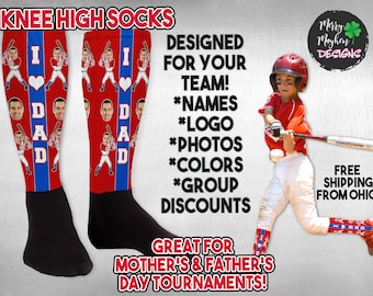 I Heart Dad, Number 1 Mom, Custom Face Custom Knee-High Socks for Softball and Baseball Teams-Ideal for Mother's and Father's Day Events