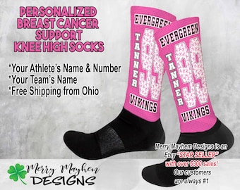 Custom Breast Cancer Awareness Knee High Socks - Made to Order with Your Team Name and Number, Personalized Baseball Socks, Football Socks