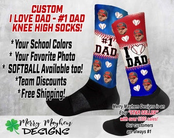 Custom Baseball Knee High Socks, Custom Softball Sock with Face - I Love Dad, #1 Dad, Father Dad Baseball Sock, Baseball Sock with Face