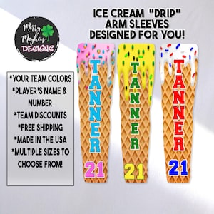 May include: Three ice cream cone arm sleeves with a dripping ice cream design. The sleeves are yellow, pink, and red with the name Tanner and the number 21 on each.