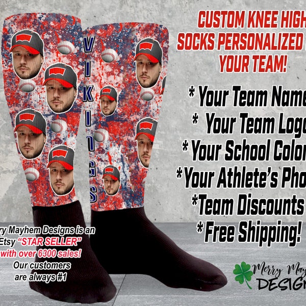 Custom Athletic Knee High Socks,Face Socks,Photo Personalized Sports Team Gifts For Baseball Softball Basketball Football, Custom Head Sock