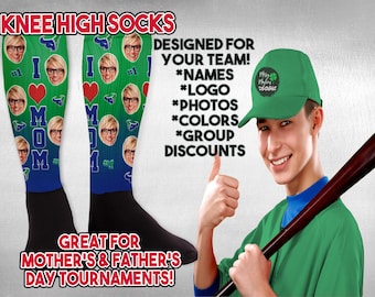 I Heart Mom, Number 1 Dad, Custom Face Custom Knee-High Socks for Softball and Baseball Teams-Ideal for Mother's and Father's Day Events