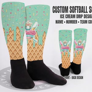 Custom Softball Team Socks - Personalized Ice Cream Drip Knee High with Player Name & Number for Game Day