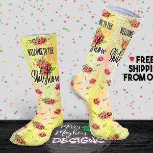 Funny Welcome to the Shitshow Novelty Fashion Socks, Gag Gift with Profanity, Sarcastic White Elephant Secret Sister Gift Socks with Sayings