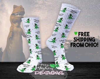 What Now Bitch Funny Dinosaur Fashion Socks with Sayings, Rude White Elephant or Gag Gift Idea, Secret Sister Santa Inappropriate Gifts Her