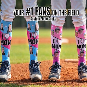 Mother's Day Team Socks - Custom I Love Mom Photo Knee High Socks for Baseball Softball Game Day - Bulk Orders Free Shipping