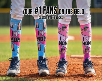 Mother's Day Team Socks - Custom I Love Mom Photo Knee High Socks for Baseball Softball Game Day - Bulk Orders Free Shipping