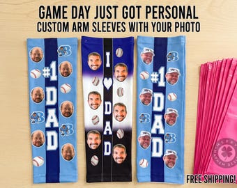 Number 1 Dad Custom Photo Arm Sleeve – I Love Dad Baseball Sleeve, Personalized Face Sleeve for Softball Game Day Gift