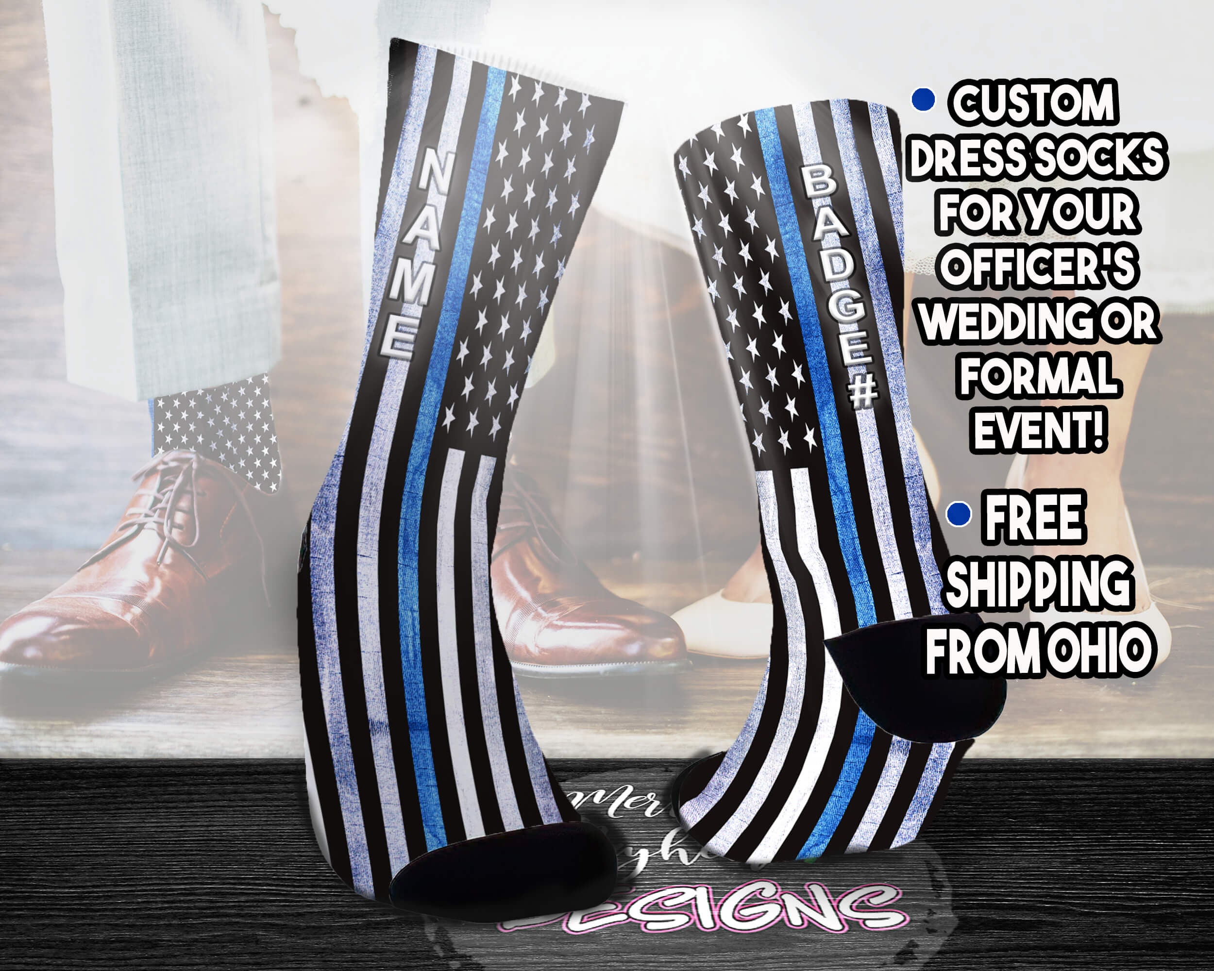 Thin Blue Line Police Flag Socks Personalized with Your Name, Custom Wedding Socks for Law Enforcement, Groomsmen Socks for Police Best Men