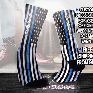 Custom Thin Blue Line Flag Dress Socks for Police Wedding, Personalized Mens Dress Socks, Custom Groom Gift from Wife, Wedding Party Favors