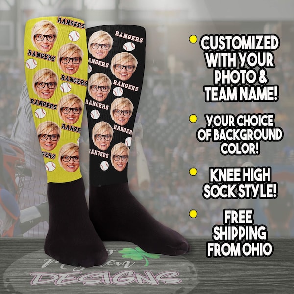 Custom Knee High Socks with Face, Personalized Baseball Knee Socks, Girls Boys Tween Socks, Custom Face Socks, Team Socks with Logo