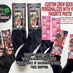 May include: Custom crew socks with a personalized photo. The socks are black with a white background and the text "Happy Father's Day" and "Strong & Brave". The socks are also pink with a white background and the text "Lady Eagles Basketball".