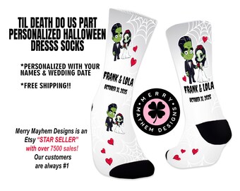 Personalized Halloween Bride & Groom Wedding Socks – Custom Name and Date, Spooky Fall Wedding Gift, Bridal Shower Gift, Gothic Apparel
