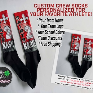 Custom Sports Team Socks, Personalized Softball Socks, Cheerleading, Football, Baseball Crew Socks With Team Logo, School Colors & Name