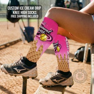 Ice Cream Drip Custom Team Socks - Knee High with Logo & Player Name, Bulk Orders for Softball Baseball Soccer Football