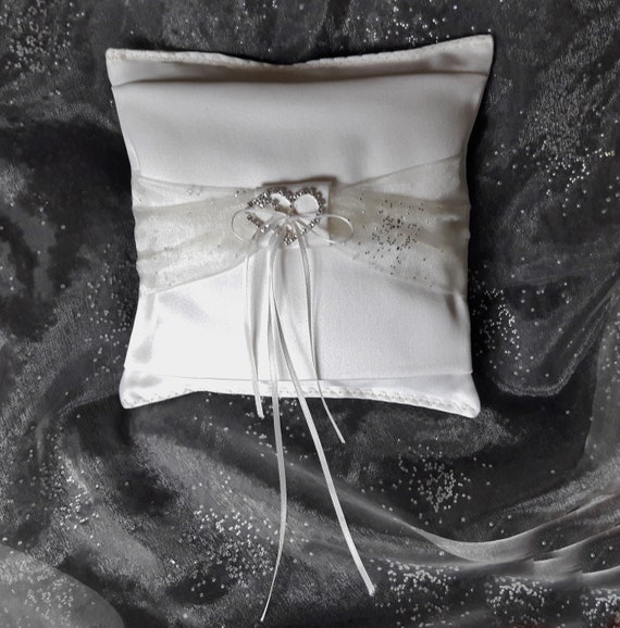 Crystal Heart Wedding Ring Bearer Pillow Cushion White Satin Black Ribbon