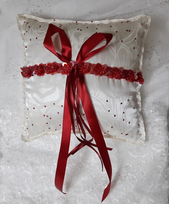 Wedding Ring Bearer Pillow Cushion Ivory Wine Red Satin Etsy